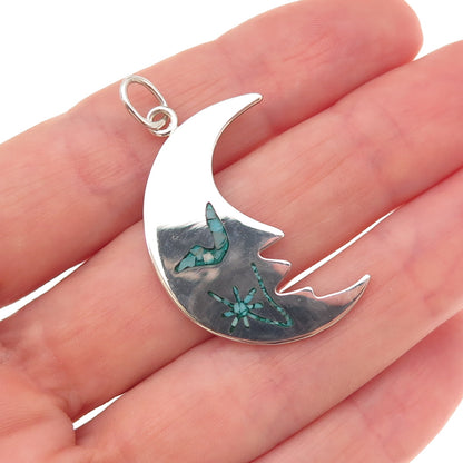 925 Sterling Vintage Real Turquoise Inlay Man in The Moon Crescent Charm Pendant