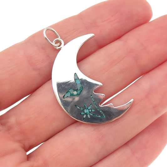 925 Sterling Vintage Real Turquoise Inlay Man in The Moon Crescent Charm Pendant