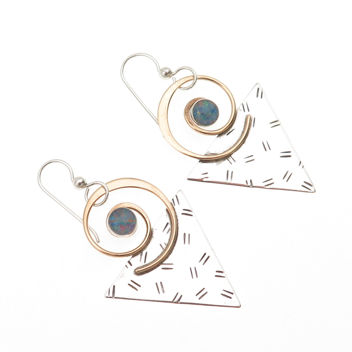 925 Sterling Silver 2-Tone Vintage Real Opal Modernist Dangle Earrings