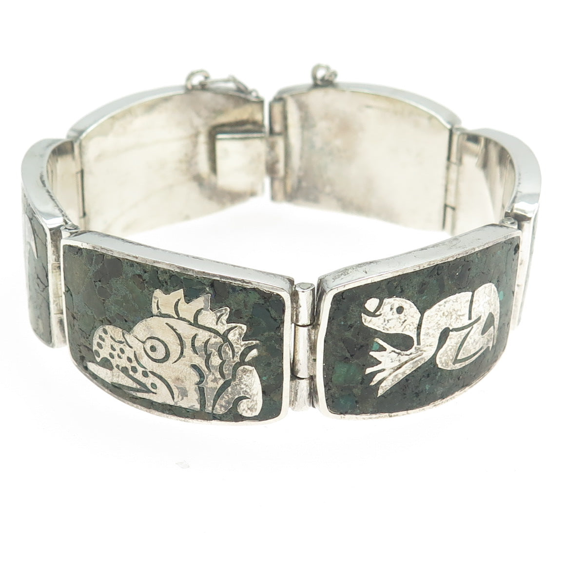 MIGUEL MELENDEZ Sterling Silver Vintage Mexico Azurite Tribal Animal Bracelet 7"
