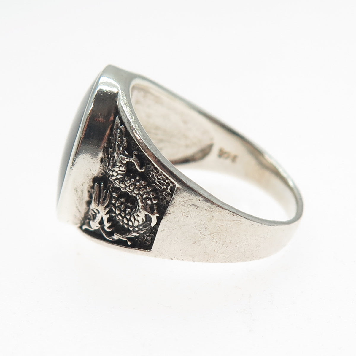 925 Sterling Silver Vintage Real Black Onyx Dragon Oxidized Ring Size 10.25