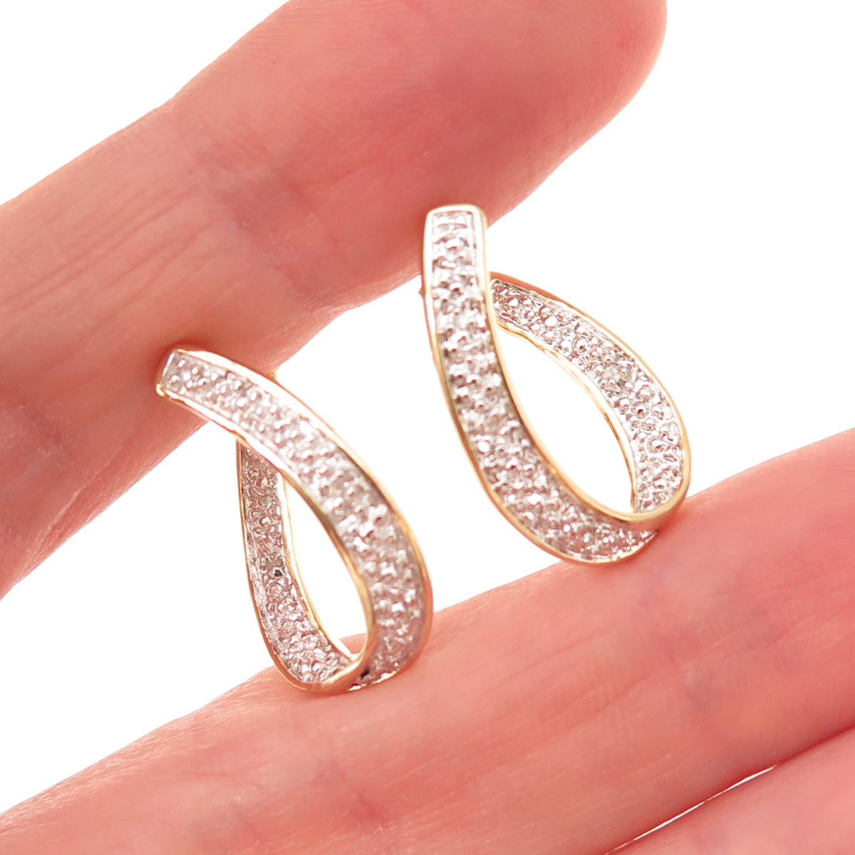 925 Sterling Silver 2-Tone Real Round-Cut Diamond In & Out Hoop Earrings
