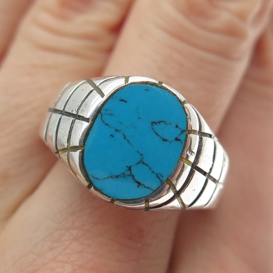 925 Sterling Silver Vintage Mexico Real Turquoise Spider Web Ring Size 12.25