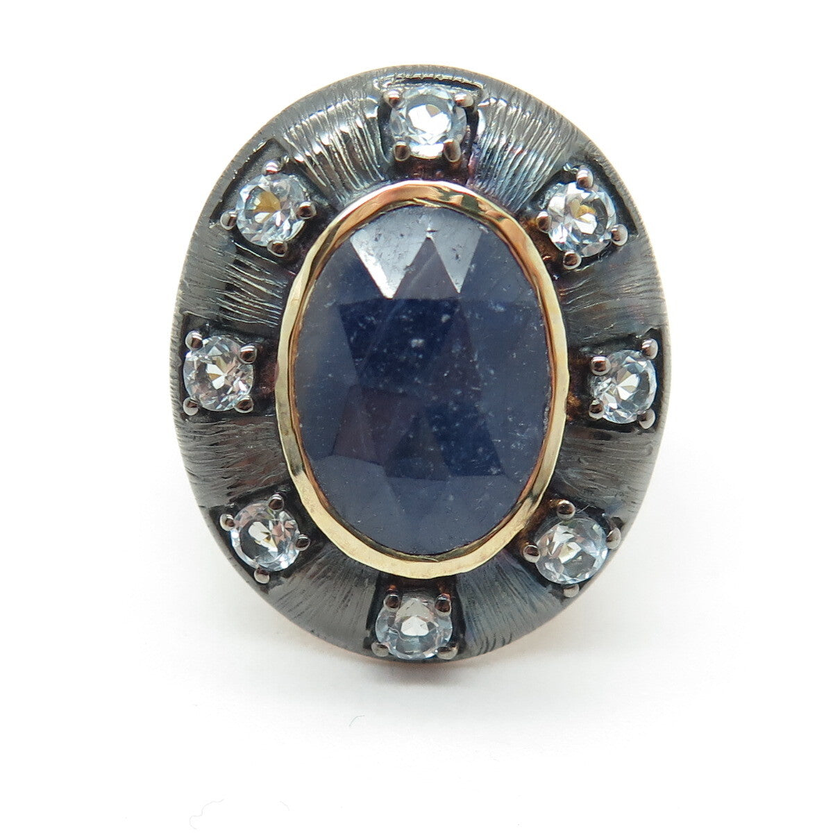 DSMK 925 Sterling Silver 2-Tone Real Sapphire & Blue Topaz Ring Size 6.75