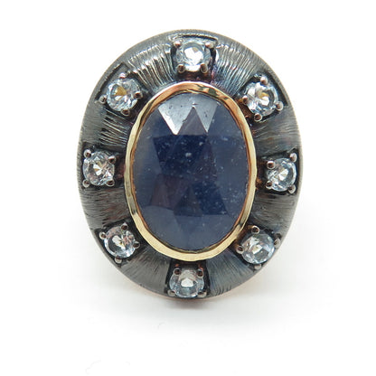 DSMK 925 Sterling Silver 2-Tone Real Sapphire & Blue Topaz Ring Size 6.75