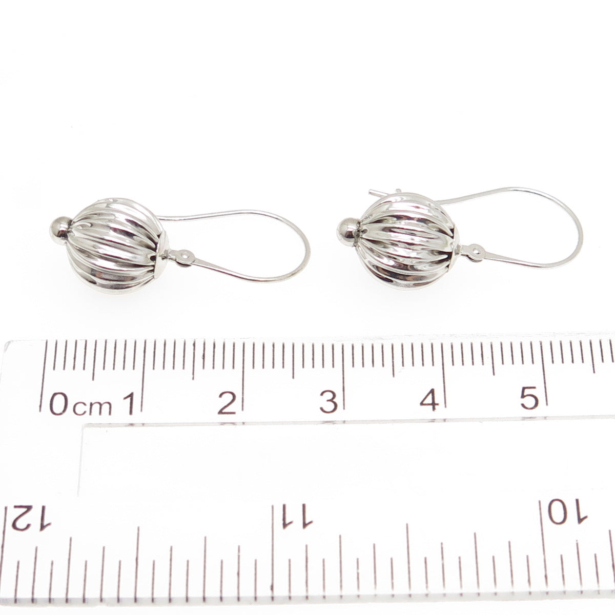 14K White Gold Modernist Ribbed Ball Drop Earrings