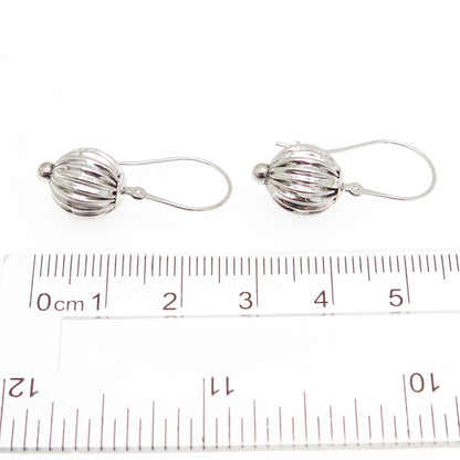 14K White Gold Modernist Ribbed Ball Drop Earrings