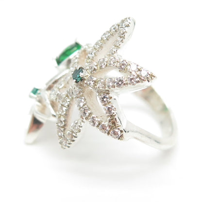 925 Sterling Silver Chrome Diopside & C Z Floral Ring Size 6