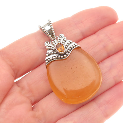 Sajen 925 Sterling Silver Vintage Real Calcite & Citrine Teardrop Pendant