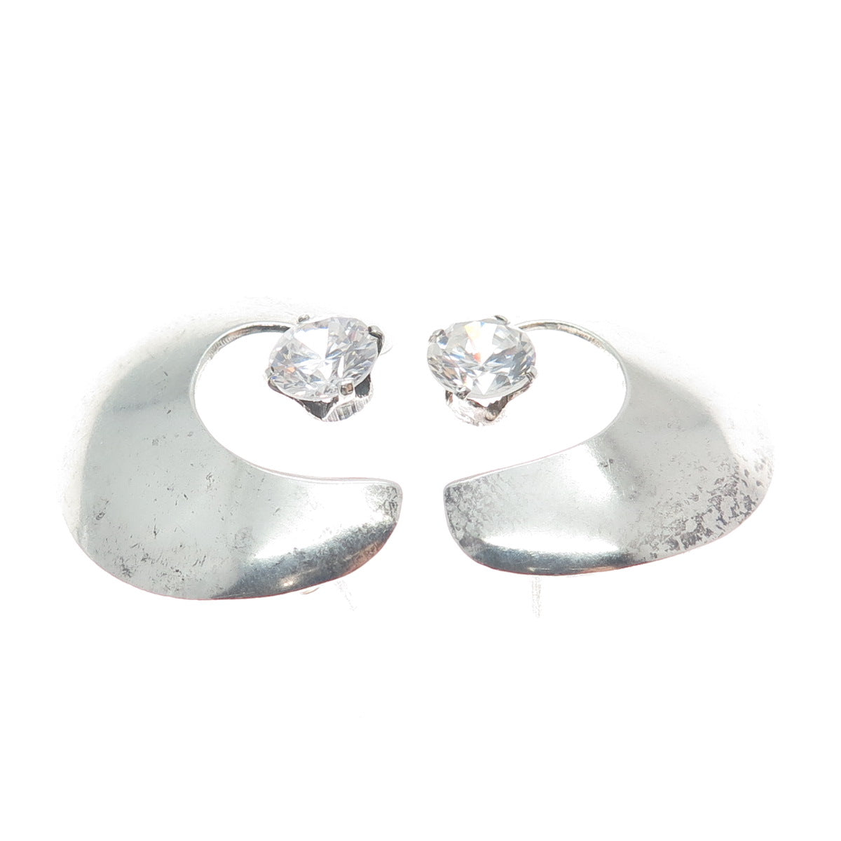 925 Sterling Silver Vintage Round-Cut Shaped C Z Crescent Moon Earrings