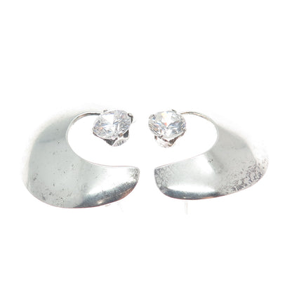 925 Sterling Silver Vintage Round-Cut Shaped C Z Crescent Moon Earrings