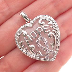 925 Sterling Real Rose Quartz & C Z Breast Cancer Awareness Hope Heart Pendant