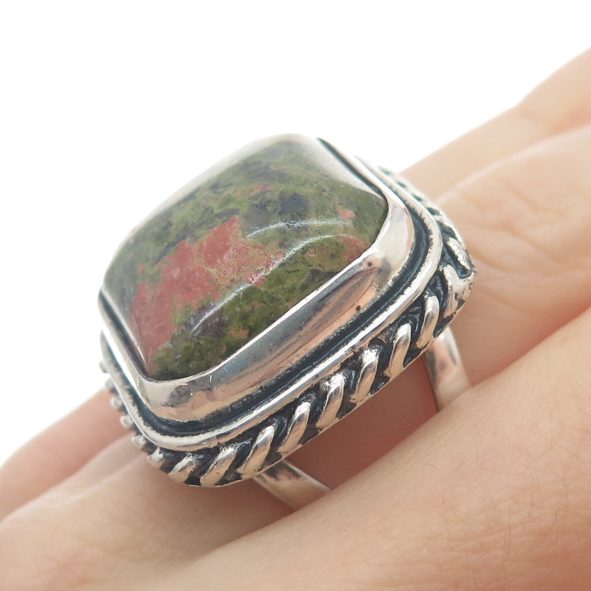 925 Sterling Silver Vintage Real Unakite Twisted Bezel Oxidized Ring Size 8