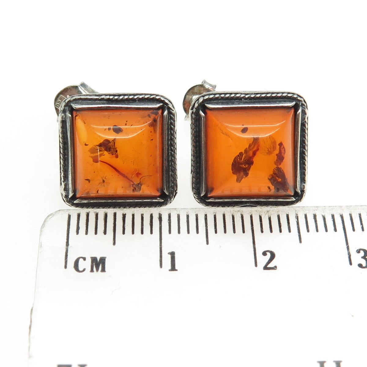 925 Sterling Silver Vintage Real Amber Roped Square Earrings