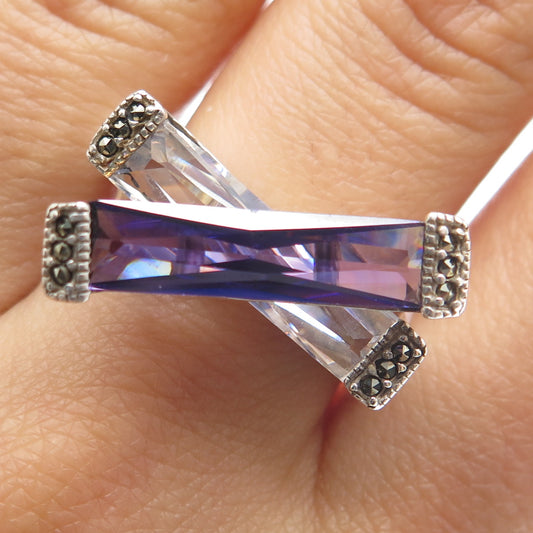 925 Sterling Vintage Real Marcasite Purple & White C Z Crisscross Ring Size 9