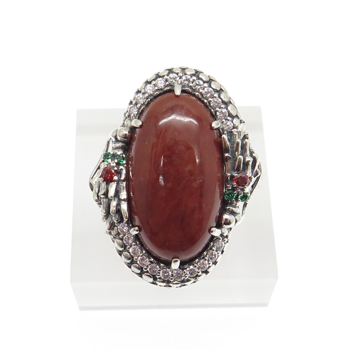 925 Sterling Silver Vintage Jasper Chrome Diopside Garnet & C Z Ring Size 8.25