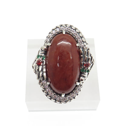 925 Sterling Silver Vintage Jasper Chrome Diopside Garnet & C Z Ring Size 8.25