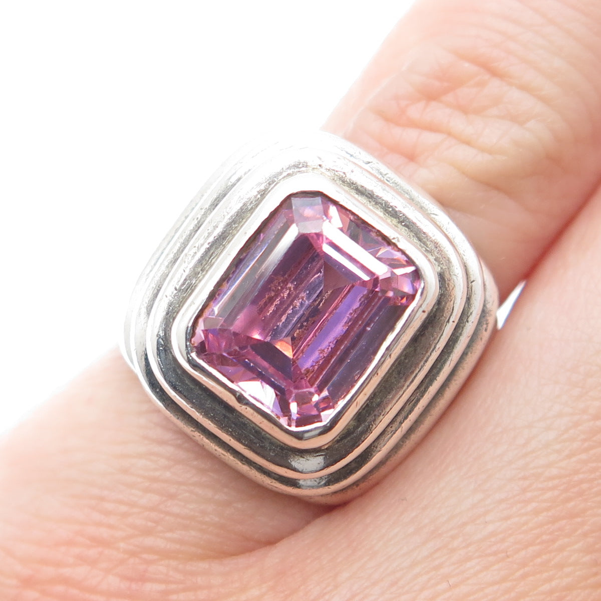 925 Sterling Silver Vintage Emerald-Cut Pink C Z Oxidized Ring Size 5.5