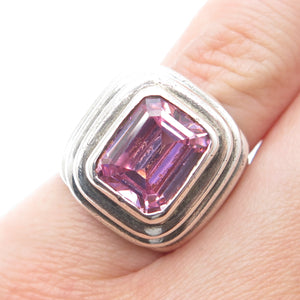 925 Sterling Silver Vintage Emerald-Cut Pink C Z Oxidized Ring Size 5.5