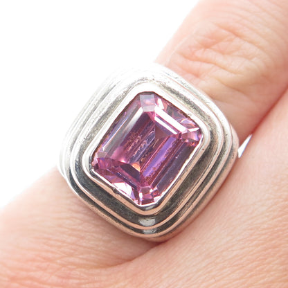 925 Sterling Silver Vintage Emerald-Cut Pink C Z Oxidized Ring Size 5.5
