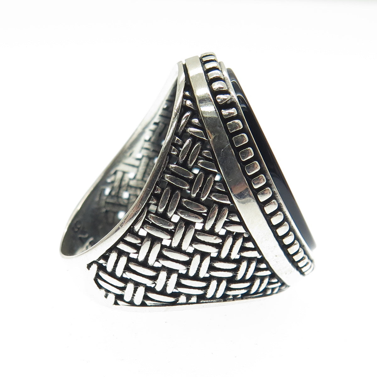 925 Sterling Silver Vintage Real Black Onyx Granulated Oxidized Ring Size 8