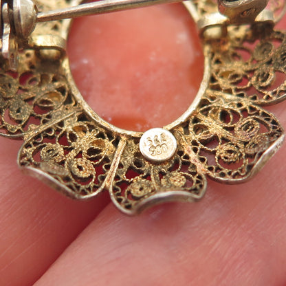 900 Silver Gold Plated Vintage Real MOP Carved Lady Cameo Pin Brooch / Pendant