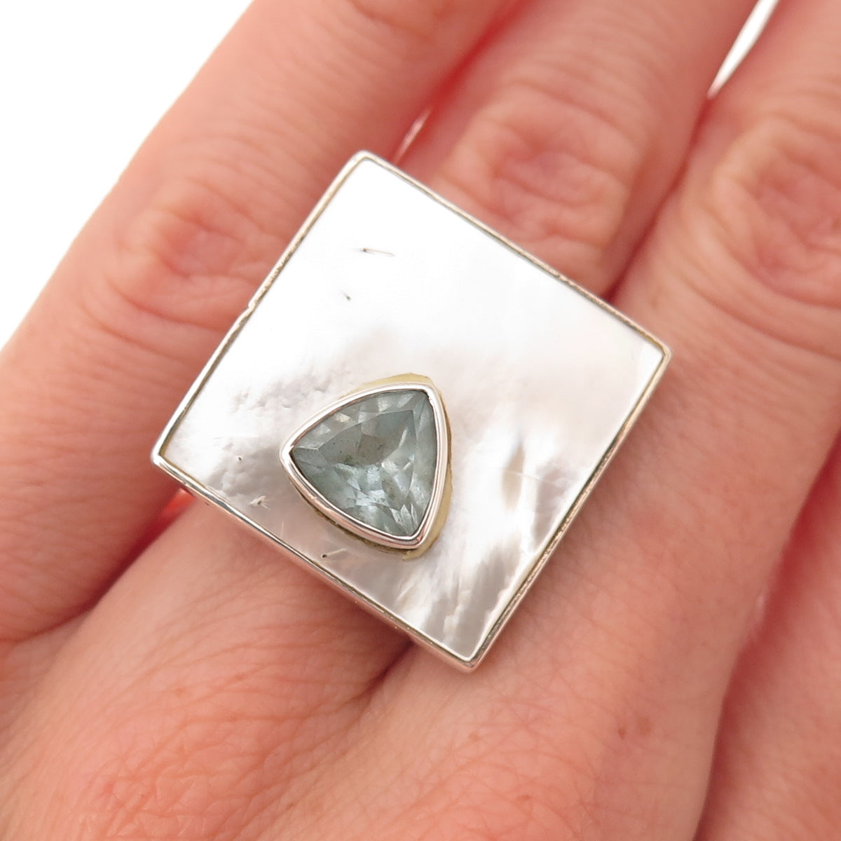 Chapal Zenray 925 Sterling Silver Vintage Real Blue Topaz & MOP Ring Size 6
