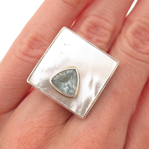 Chapal Zenray 925 Sterling Silver Vintage Real Blue Topaz & MOP Ring Size 6