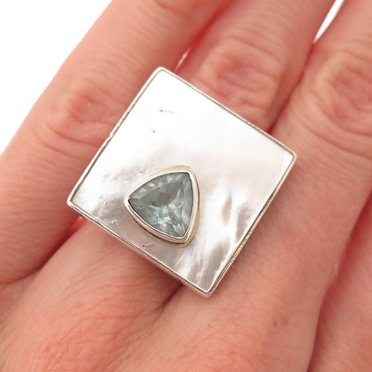 Chapal Zenray 925 Sterling Silver Vintage Real Blue Topaz & MOP Ring Size 6