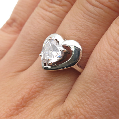 925 Sterling Silver Vintage C Z Modernist Heart Ring Size 7.25