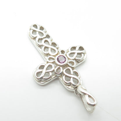 925 Sterling Silver Vintage Real Amethyst Gemstone Ornate Cross Pendant