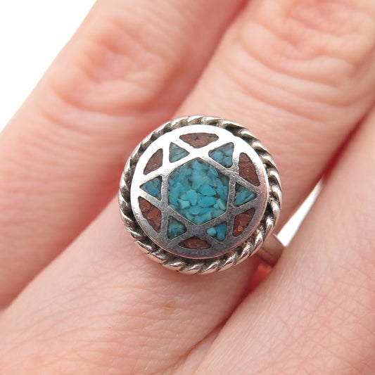 Old Pawn 925 Sterling Vintage Turquoise Coral Inlay Star of David Ring Size 5.25