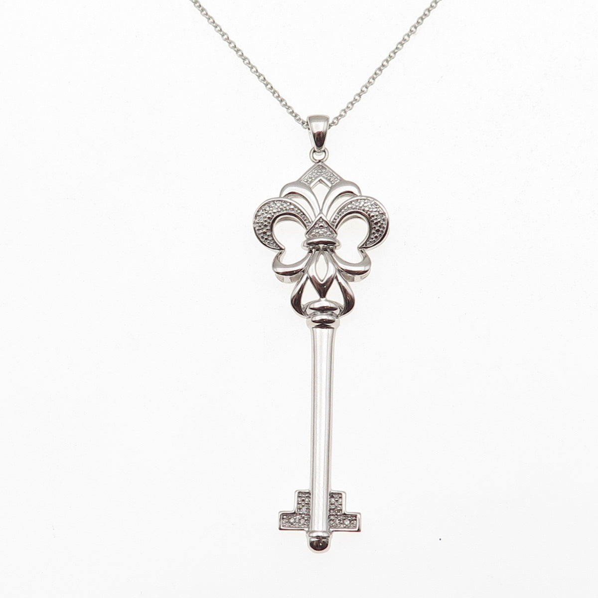925 Sterling Silver Real Diamond Fleur de Lis Cable Chain Necklace 18"