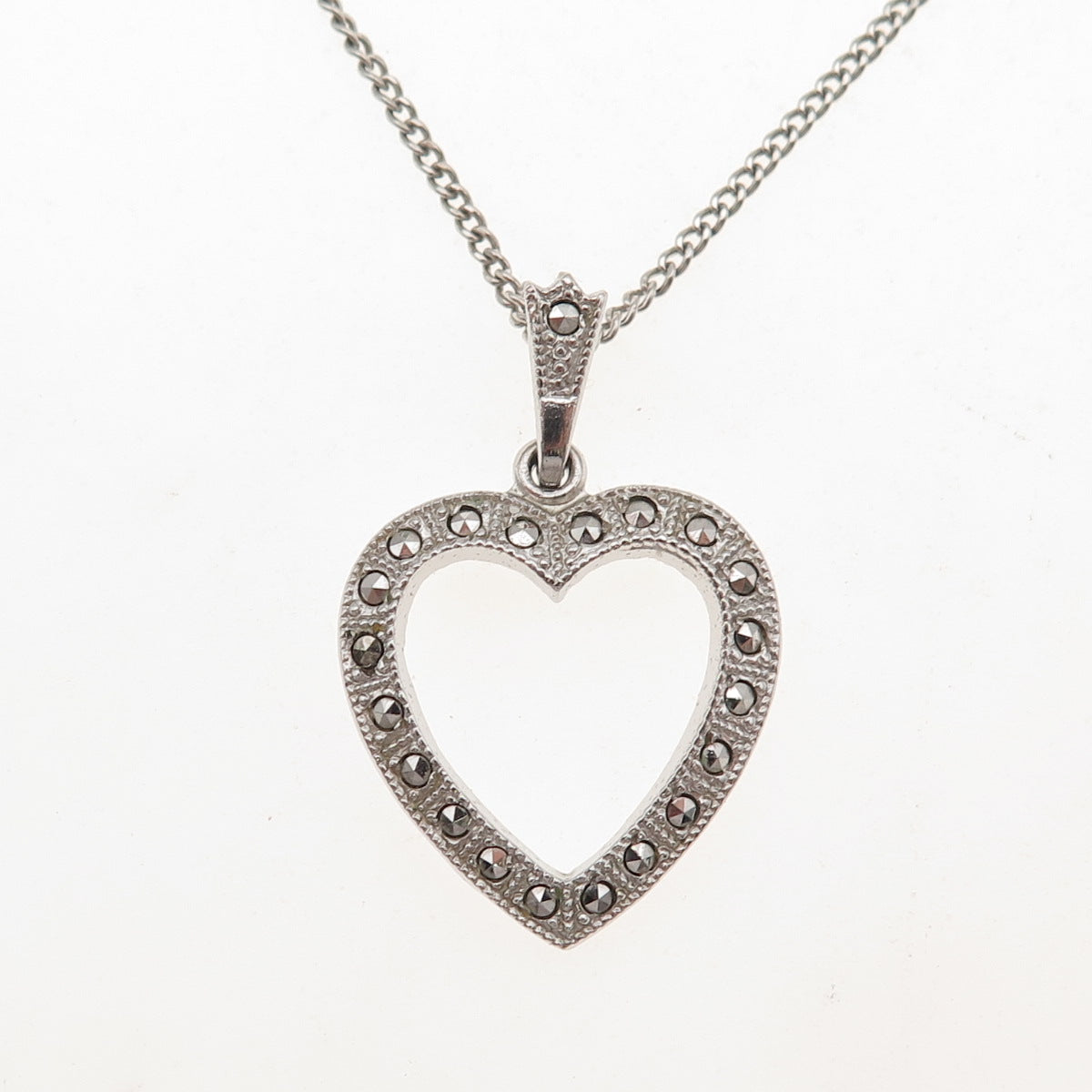 Theda 925 Sterling Antique Art Deco Real Marcasite Heart Curb Chain Necklace 24"