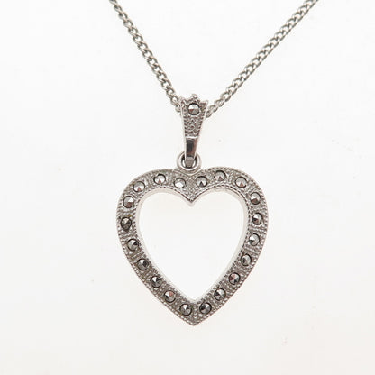 Theda 925 Sterling Antique Art Deco Real Marcasite Heart Curb Chain Necklace 24"