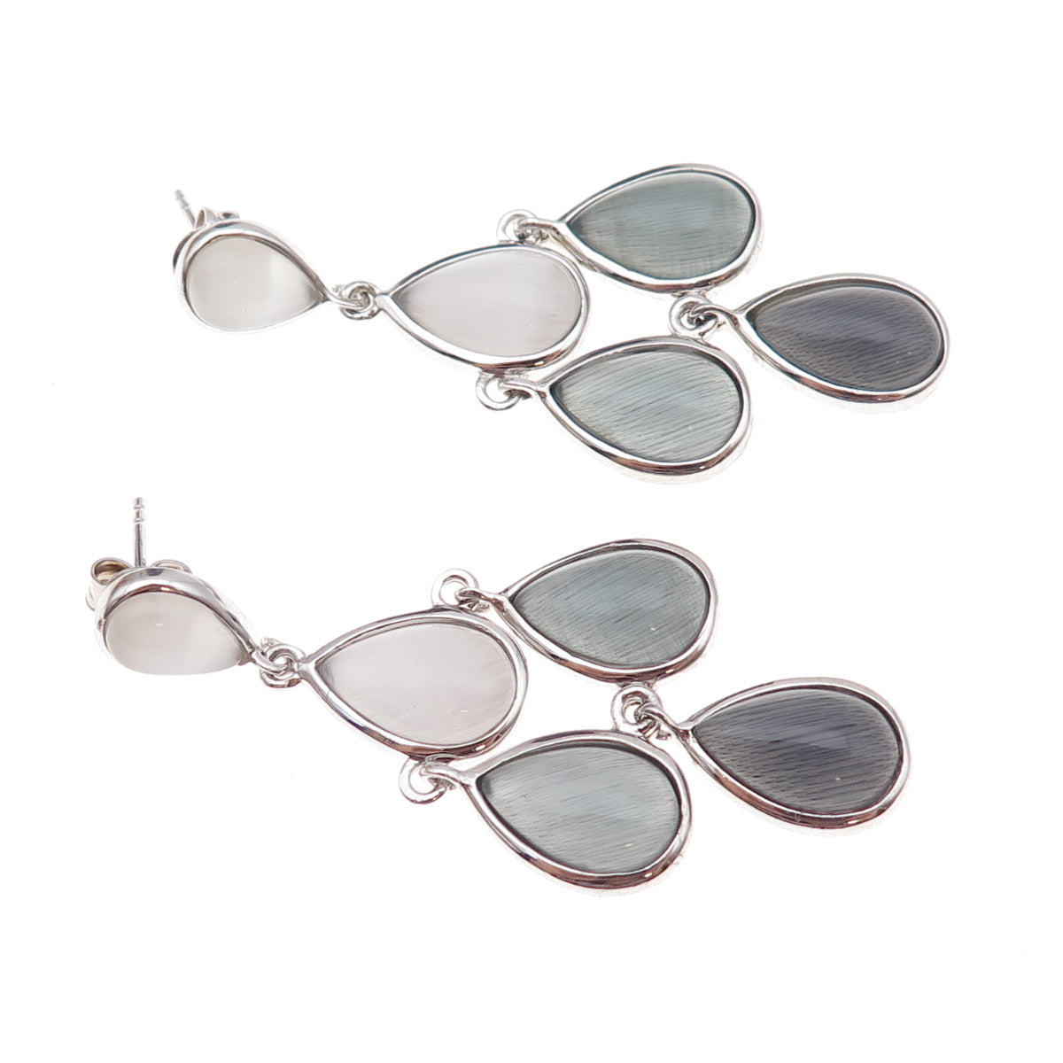925 Sterling Silver Real Cat's Eye Teardrop Cluster Dangle Earrings