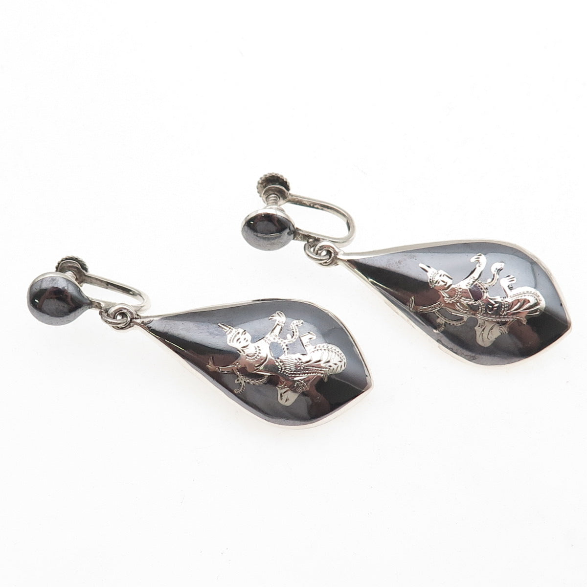 925 Sterling Antique Art Deco Siam Niello Hindu Goddess Screw Back Earrings