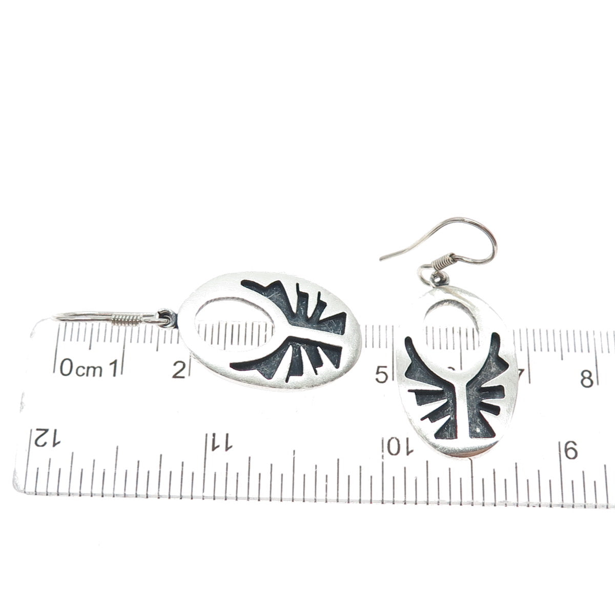 925 Sterling Silver Vintage Mexico Tribal Symbol Oxidized Dangle Earrings