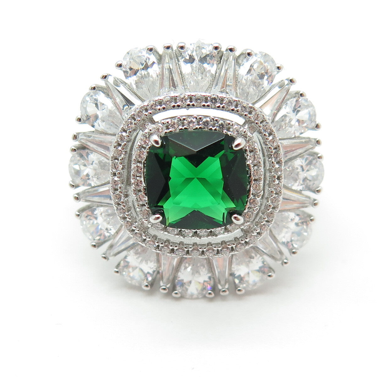 DSMK 925 Sterling Silver Cushion-Cut Nano Emerald & C Z Ring Size 7.25