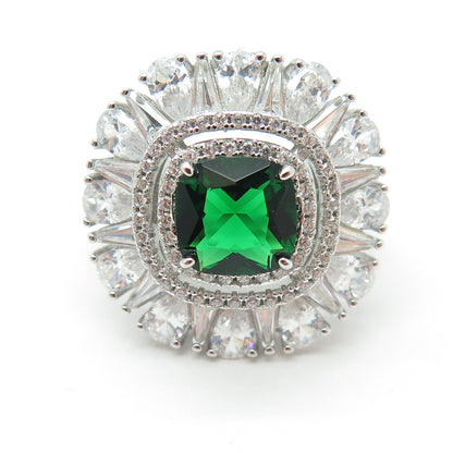 DSMK 925 Sterling Silver Cushion-Cut Nano Emerald & C Z Ring Size 7.25