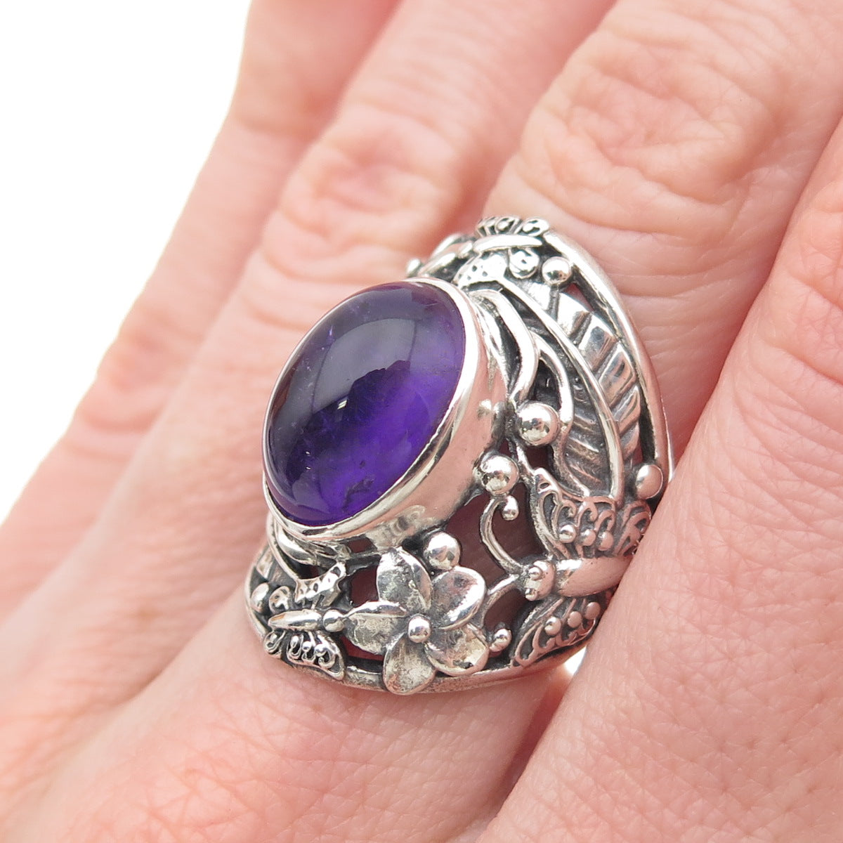 925 Sterling Silver Vintage Real Amethyst Butterfly & Flower Ring Size 5.75