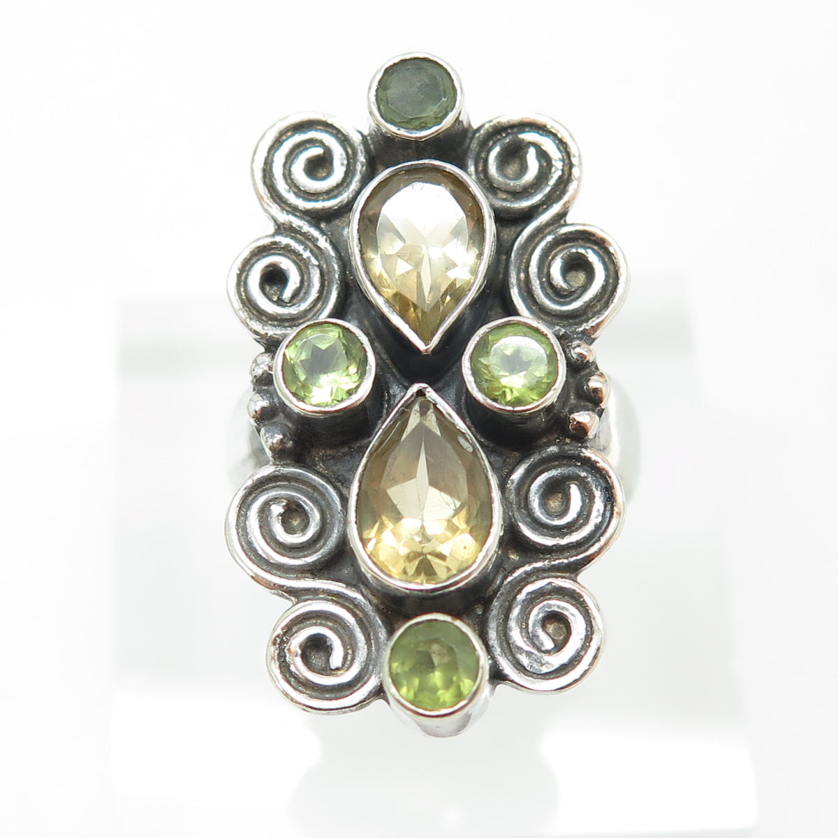 925 Sterling Silver Vintage Real Citrine & Peridot Swirl Statement Ring Size 8.5