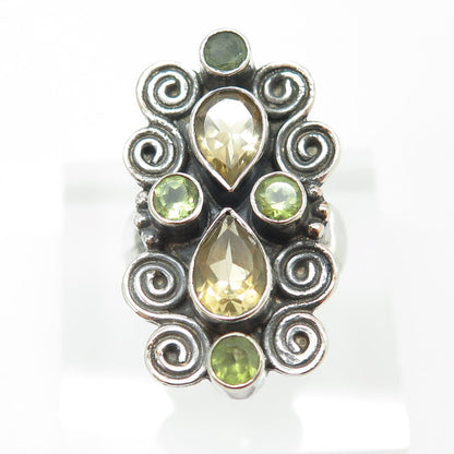 925 Sterling Silver Vintage Real Citrine & Peridot Swirl Statement Ring Size 8.5