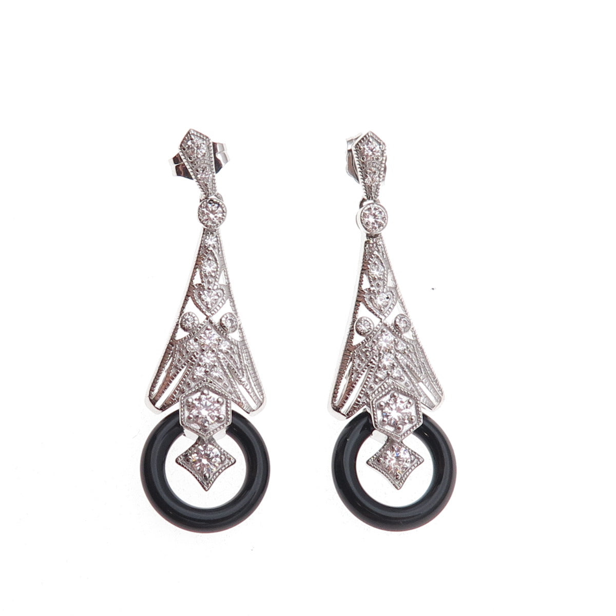 925 Sterling Silver Real Black Onyx & Round-Cut C Z Dangle Earrings