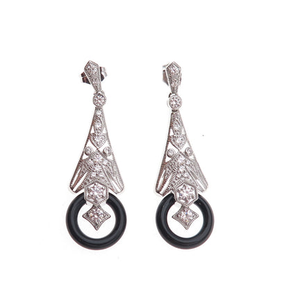 925 Sterling Silver Real Black Onyx & Round-Cut C Z Dangle Earrings