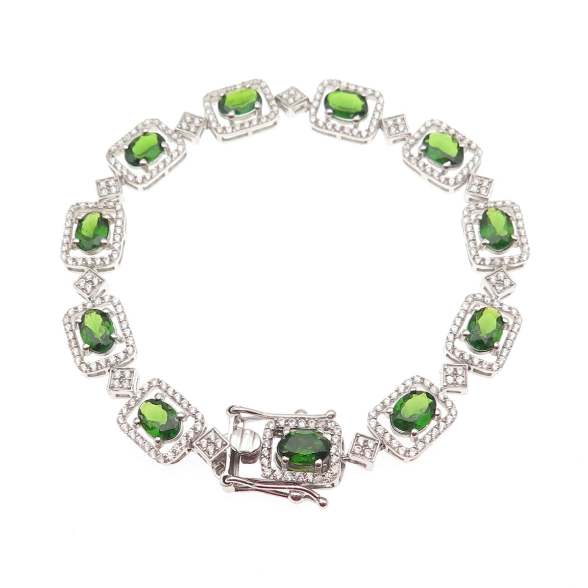 925 Sterling Silver Real Chrome Diopside & White Topaz Bracelet 7.5"