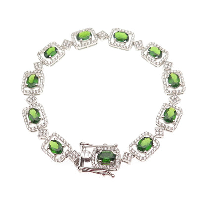 925 Sterling Silver Real Chrome Diopside & White Topaz Bracelet 7.5"