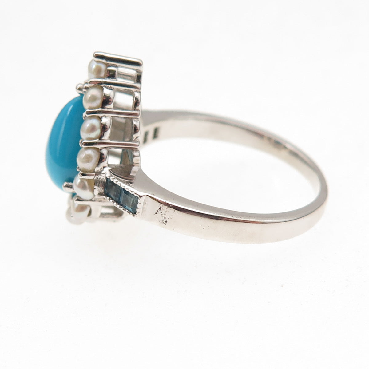 925 Sterling Silver Real Sleeping Beauty Turquoise Pearl Blue Topaz Ring Size 8