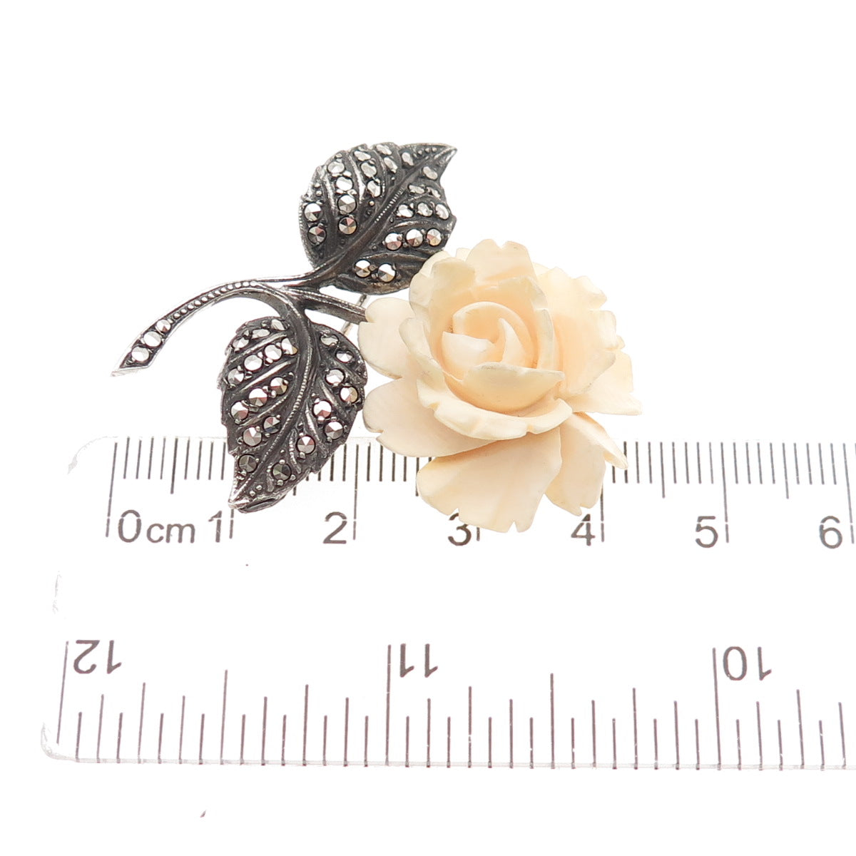 925 Sterling Silver Antique Art Deco Germany Real Marcasite Rose Pin Brooch