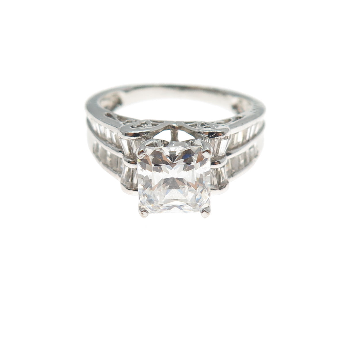 MEDA 925 Sterling Princess & Tapered Baguette-Cut C Z Engagement Ring Size 6.75